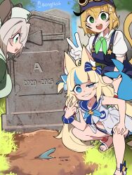 3girls :d a_(phrase) absurdres ahoge animal_ear_fluff animal_ears artist_name bare_arms bare_legs bare_shoulders blonde_hair blue_eyes blue_hair blue_sailor_collar blunt_bangs bongfill breasts cat_ears commentary day dooby_(vtuber) dress fins fish_tail frilled_sailor_collar frills gawr_gura gloves goggles goggles_on_head grant_gustin_next_to_oliver_queen&#039;s_grave_(meme) grass grave green_eyes grey_hair hand_on_own_knee hat highres hololive hololive_english indie_virtual_youtuber large_breasts lifebuoy_hair_ornament long_hair looking_at_viewer low_twintails meme multicolored_hair multiple_girls nimi_nightmare nurse_cap one_side_up open_clothes open_dress open_mouth outdoors sailor_collar sailor_dress sameko_saba short_hair short_sleeves sleeveless sleeveless_dress smile smirk squatting streaked_hair symbol-only_commentary tail tapir_ears teeth tombstone twintails two-tone_hair uneven_eyes upper_teeth_only v very_long_hair virtual_youtuber voice_actor_connection white_dress white_gloves