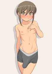 1boy androgynous black_male_underwear blush boxer_briefs bright_pupils bulge erection erection_under_clothes green_eyes hair_between_eyes highres large_penis looking_at_viewer male_focus male_underwear muraosamu navel nipples original penis shota smile solo topless_male underwear white_pupils rating:Questionable score:297 user:Dweenie