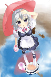 1girl apron bag blush braid breasts carrying cleft_of_venus covered_erect_nipples dot_nose female_focus from_above grey_hair izayoi_sakuya kotatsu_(kotatsu3) large_breasts looking_up maid maid_apron maid_headdress mary_janes no_panties outdoors plastic_bag puddle purple_eyes pussy rain reflection reflective_water ribbon shoes short_hair side_braid solo thighhighs touhou twin_braids twintails umbrella uncensored water rating:Explicit score:37 user:danbooru