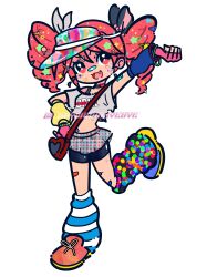  1girl :3 absurdres bag bandaid bandaid_on_face bandaid_on_nose black_leg_warmers black_outline black_shorts blue_arm_warmers blue_shoes bracelet commentary decora drill_hair english_commentary fang fingerless_gloves food full_body gloves grey_shirt hair_ornament hairclip highres ice_cream jewelry kasane_teto leg_up leg_warmers long_hair looking_at_viewer mismatched_arm_warmers open_mouth orange_shoes outline pink_gloves pizza pizza_slice plaid_clothes plaid_skirt red_eyes red_hair sayonarabyebye shirt shoes shorts shorts_under_skirt shoulder_bag skirt solo sticker_on_arm sticker_on_face sticker_on_leg striped_leg_warmers tongue twin_drills twitter_username utau visor_cap yellow_arm_warmers 