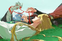  1boy 1girl artist_request bandaged_arm bandaged_hand bandages black_sweater blonde_hair blue_eyes blue_sky chinese_commentary closed_mouth cloud cloudy_sky commission couple friends grass hair_between_eyes hand_up hands_up hetero highres honkai_(series) honkai_impact_3rd jewelry kallen_kaslana light_smile long_hair long_sleeves looking_to_the_side looking_up lying necklace on_back on_grass otto_apocalypse outdoors parted_lips red_ribbon ribbon shade skirt sky string string_of_fate sweater white_hair 
