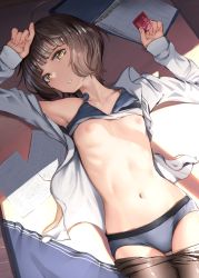 1girl absurdres ahoge arm_up binder black_pantyhose blue_bra blue_panties blue_skirt blunt_bangs bra bra_lift breasts brown_hair clothes_pull collared_shirt condom condom_wrapper grey_pantyhose hand_up highres holding holding_condom kabayaki_namazu kantai_collection kishinami_(kancolle) long_sleeves looking_at_viewer lying navel nipples on_back open_clothes open_mouth open_shirt panties pantyhose pantyhose_pull paper shirt short_hair skirt unworn_skirt small_breasts solo underwear wavy_hair white_shirt yellow_background rating:Questionable score:121 user:danbooru