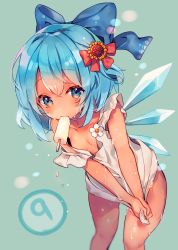1girl ana_(rznuscrf) apron blue_bow blue_eyes blue_hair bow breasts circled_9 cirno female_focus flower food green_background hair_bow hair_flower hair_ornament highres leaning_forward looking_at_viewer mouth_hold naked_apron popsicle red_bow small_breasts solo sunflower sunflower_hair_ornament sweat tanned_cirno touhou wet wet_clothes wringing_clothes rating:Questionable score:16 user:danbooru