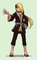  1boy :d blonde_hair blue_eyes deidara_(naruto) fishnets forehead_protector full_body green_background hair_over_one_eye japanese_clothes long_hair long_sleeves looking_at_viewer male_focus naruto_(series) naruto_shippuuden ninja open_mouth sandals shadow simple_background smile solo standing yosakuh zouri 