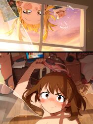  2girls alarm_clock bare_legs bed bedroom black_panties blanket blonde_hair blush boku_no_hero_academia bones_(company) breasts brown_hair chair clock curtains desk embarrassed female_focus game_console hair_tie khyle. large_breasts legs mario_(series) mario_kart mario_kart_8 medium_hair messy_hair mirror multiple_girls nervous nintendo panties pc pillow sandals shounen_jump sky smile sweat sweatdrop toga_himiko togachako topless underwear upside-down uraraka_ochako wii_u window yellow_eyes yuri 