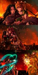  absurdres animal_ears arrow_(projectile) arrow_in_body ashera_(fire_emblem) attack belt black_hair blood blood_on_face book braid brown_belt cape carrying casting_spell cat cat_ears cat_girl cat_tail choker circlet collar commission commissioner_upload dress ebrietas_(arayaejiri) embers english_text facepaint facial_mark fang feather-trimmed_sleeves feather_hair_ornament feather_trim feathers fire fire_emblem fire_emblem:_path_of_radiance fire_emblem:_radiant_dawn forehead_mark gem glowing glowing_eyes glowing_gem green_choker green_collar green_gemstone green_shorts hair_ornament hand_guard highres holding holding_book holding_staff injury laguz_(fire_emblem) lethe_(fire_emblem) long_dress long_hair lyre_(fire_emblem) magic messy_hair nintendo o-ring o-ring_belt one_eye_closed open_mouth orange_hair orange_tail princess_carry protecting purple_eyes rainbow_ribbon robe sash shorts siblings side_slit side_slit_shorts sisters slit_pupils soren_(fire_emblem) soren_(radiant_confidant)_(fire_emblem) staff tail tears thigh_belt thigh_strap twins waist_sash whisker_markings wrist_wrap 