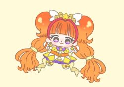  +_+ 1girl absurdly_long_hair amanogawa_kirara bare_shoulders blunt_bangs boots bow bowtie brooch brown_hair chibi closed_mouth coattails cure_twinkle detached_sleeves dot_nose double-parted_bangs dress eyelashes gloves go!_princess_precure gold_tiara hair_bow hair_ornament hair_scrunchie happy hat_ornament ichigo_usuhana jewelry knee_boots light_blush long_hair looking_at_viewer low_twintails magical_girl medium_dress multicolored_hair orange_corset outstretched_arms petticoat precure purple_bow purple_bowtie purple_eyes red_hair scrunchie short_sleeves simple_background smile solo star_(symbol) star_hat_ornament strapless strapless_dress streaked_hair tareme tiara twintails two-tone_hair very_long_hair white_boots white_bow white_gloves white_sleeves yellow_background yellow_dress yellow_scrunchie 