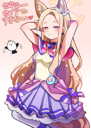  1girl absurdres animal_ears armpits arms_behind_head blonde_hair blue_archive blue_dress capelet cosplay cowboy_shot cure_friendy cure_friendy_(cosplay) dress forehead fox_ears fox_girl halo highres i-nn idol precure seia_(blue_archive) sleeveless sleeveless_dress smug solo tanezaki_atsumi voice_actor_connection wonderful_precure! yellow_eyes 
