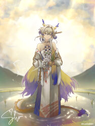  1girl arknights bare_shoulders bead_necklace beads breasts brooch character_name closed_mouth collarbone dragon_girl dragon_horns dragon_tail earrings eastern_dragon_horns eastern_dragon_tail green_eyes hair_between_eyes hair_intakes highres holding holding_plant horns jewelry laevatein_(la3vatein) long_sleeves looking_at_viewer medium_breasts necklace plant pointy_ears rice_(plant) rice_paddy shirt shu_(arknights) small_breasts smile solo standing strapless strapless_shirt tail tassel tassel_earrings tube_top twitter_username white_hair white_tube_top 