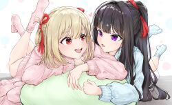  113hue 2girls absurdres black_hair blue_socks blue_sweater bob_cut color_coordination commentary dress eye_contact foreshortening full_body hair_over_shoulder hair_ribbon heart highres inoue_takina legs_up long_hair long_sidelocks long_sleeves looking_at_another lycoris_recoil lying multiple_girls nishikigi_chisato no_shoes on_pillow on_stomach open_mouth parted_lips pillow pink_socks pink_sweater polka_dot polka_dot_background ponytail purple_eyes red_eyes red_ribbon ribbon short_hair sidelocks smile socks sweater sweater_dress v-shaped_eyebrows 