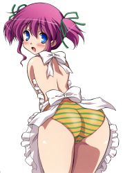  1girl apron artist_request ass blue_eyes blush cameltoe from_behind hair_ribbon highres leaning_forward loli long_hair looking_back no_bra open_mouth panties pink_hair ribbon striped_clothes striped_panties topless_female twintails underwear white_apron yellow_panties  rating:Questionable score:13 user:Konst