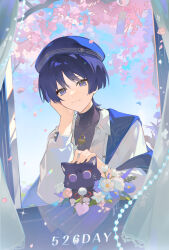  1boy absurdres blue_eyes blue_hair blue_sky cherry_blossoms closed_mouth collared_shirt covered_collarbone curtains eyeliner falling_petals flower genshin_impact hair_between_eyes hand_on_own_head hat head_tilt highres indoors japanese_clothes jewelry light_smile long_sleeves looking_at_viewer looking_to_the_side makeup necklace outdoors petals pink_petals purple_eyes red_eyeliner scaramouche_(cat)_(genshin_impact) scaramouche_(genshin_impact) shade shirt short_hair sky solo standing tree upper_body wanderer_(genshin_impact) wind window xinjinjumin_749 