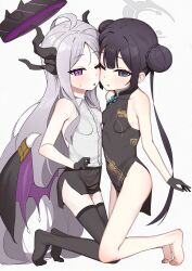  absurdres ahoge black_hair black_halo black_skirt black_thighhighs blue_archive breasts china_dress chinese_clothes demon_girl demon_horns demon_wings double_bun dress grey_halo hair_bun halo highres hina_(blue_archive) horns kisaki_(blue_archive) long_hair looking_at_viewer purple_eyes shirt skirt small_breasts thighhighs uguisu white_hair white_shirt wings 