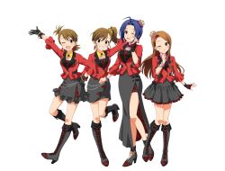  4girls ahoge asymmetrical_gloves blue_hair boots bracelet brown_eyes brown_hair chain crown earrings floral_print forehead frilled_skirt frills futami_ami futami_mami gloves grin high_heel_boots high_heels highres idol_clothes idolmaster idolmaster_million_live! idolmaster_million_live!_theater_days jacket jewelry lace-up_boots long_skirt minase_iori mini_crown miura_azusa multiple_girls official_art one_eye_closed open_mouth promotional_art red_eyes side_ponytail skirt smile transparent_background 