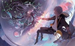  1boy 1girl absurdres aqua_skirt ayan477845 black_gloves black_hairband black_jacket black_pants caelus_(honkai:_star_rail) city firefly_(honkai:_star_rail) fireworks floating floating_hair full_body gloves grey_hair hairband hetero highres holding holding_fireworks holding_hands honkai:_star_rail honkai_(series) hood hooded_jacket jacket long_hair looking_at_another pants shirt short_hair skirt sky sparkler thighhighs trailblazer_(honkai:_star_rail) white_shirt 