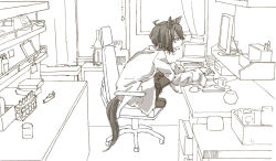  1girl agnes_tachyon_(umamusume) ahoge animal_ears beaker concentrating curtains desk feet_on_chair greyscale hair_between_eyes horse_ears horse_girl horse_tail lab_coat monitor monochrome multiple_girls root_12047841 shelf short_hair solo swivel_chair tail test_tube test_tube_rack typing umamusume window 