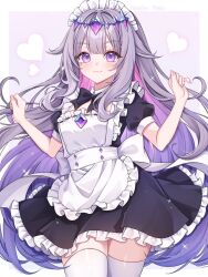  1girl :3 alternate_costume apron black_bow black_bowtie black_dress border bow bowtie center-flap_bangs chest_jewel circlet clenched_hands cowboy_shot dress frilled_dress frills gem hair_flaps hololive hololive_english jewel_under_eye koseki_bijou long_hair maid maid_apron maid_headdress masshiromelon outside_border purple_background purple_eyes purple_gemstone purple_hair sidelocks solo thighhighs very_long_hair virtual_youtuber w_arms waist_apron white_border white_thighhighs zettai_ryouiki 