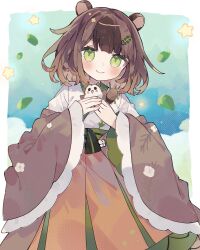  1girl animal_ears bear_ears blunt_bangs blush brown_hair closed_mouth commentary commission cowboy_shot frilled_sleeves frills green_eyes hakama hakama_skirt hashtag-only_commentary highres hisuiyasai japanese_clothes kimono long_sleeves looking_at_viewer orange_hakama original short_hair skeb_commission skirt smile solo thick_eyebrows twitter_username white_kimono wide_sleeves 