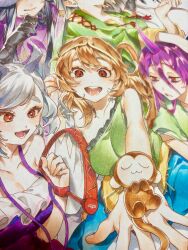  5girls :3 absurdres animal_ears arm_up bear_trap black_gloves black_hair blue_dress brown_hair closed_eyes closed_mouth commentary_request dot_nose double-parted_bangs dress eyes_out_of_frame fang frilled_shirt_collar frills gloves gold_headband gold_trim green_dress green_shirt grey_hair half-closed_eyes hand_on_own_chin head_out_of_frame highres holding horns incoming_gift lanyard light_smile long_hair looking_at_viewer looking_down loose_hair_strand medium_hair mitsugashira_enoko monkey monkey_girl multicolored_dress multiple_girls nippaku_zanmu off-shoulder_shirt off_shoulder open_mouth outstretched_hand parted_lips partially_obscured purple_hair purple_shirt red_eyes shirt short_hair short_sleeves single_horn smile son_biten swept_bangs tassel teeth tenkajin_chiyari touhou wolf_ears wolf_girl yamazaki_tsukune yellow_dress yomotsu_hisami 