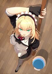  1girl :d absurdres apron arm_behind_back arm_behind_head armor black_gloves black_jacket black_skirt blonde_hair blush braid breastplate breasts broom commentary_request fingerless_gloves frilled_skirt frills from_above full_body g36_(girls&#039;_frontline) g36_(mod3)_(girls&#039;_frontline) girls&#039;_frontline gloves green_eyes hair_between_eyes highres holding holding_broom jacket long_hair looking_at_viewer looking_up maid_headdress medium_breasts medium_hair miniskirt monta818 open_mouth pantyhose shirt single_braid skirt smile solo standing waist_apron white_apron white_shirt 