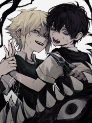  2boys :d antenna_hair bags_under_eyes basil_(faraway)_(omori) basil_(omori) black_hair black_sweater_vest blonde_hair blue_eyes collared_shirt double-parted_bangs fang flipped_hair from_below gardening_shears green_sweater_vest grey_eyes hair_between_eyes hand_on_another&#039;s_back hand_on_another&#039;s_wrist highres holding looking_at_another looking_back looking_down male_focus multiple_boys omori open_mouth raddy_358 scared shears shirt short_hair short_sleeves signature simple_background smile something_(omori) spoilers star_(symbol) sunny_(omori) sweat sweater_vest teeth tongue upper_teeth_only white_background white_shirt 