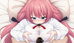  1boy 1girl bar_censor black_bow blue_eyes blur_censor blush bow breasts breasts_squeezed_together button_gap censored cleavage collared_shirt commentary_request commission dutch_angle fellatio from_above ghost_villager grabbing_own_breast hair_between_eyes hair_bow hamidashi_creative head_on_pillow hetero highres large_breasts licking_lips long_hair long_sleeves low_twintails lying neck_ribbon nose_blush on_back on_bed oral paizuri paizuri_under_clothes pillow pink_hair pixiv_commission pov pov_crotch red_ribbon ribbon school_uniform shirt solo_focus straddling_paizuri tokiwa_kano tongue tongue_out twintails upper_body v-shaped_eyebrows very_long_hair white_shirt 