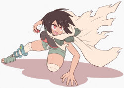  1girl anklet belt black_hair black_shirt boots breasts cloak commentary_request earrings grey_boots grey_shorts grey_thighhighs highres jewelry kurachi_mizuki large_breasts nintendo open-toe_boots over-kneehighs pokemon pokemon_oras red_belt red_eyes rope_belt shirt short_shorts shorts solo thighhighs zinnia_(pokemon)  rating:General score:4 user:RIG