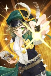  1girl belt belt_pouch black_shorts black_vest brown_belt cape closed_mouth cowboy_shot green_cape green_eyes green_hat hat hat_feather highres holding holding_notebook holding_quill looking_at_viewer newsboy_cap notebook onikura_minori_(artist) open_clothes open_vest outstretched_arm pouch quill recoleta_(reverse:1999) reverse:1999 shirt short_hair short_shorts shorts solo sparkle vest white_shirt yellow_background 