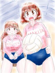  2girls ball brown_hair buruma grandmother_and_granddaughter gym mature_female multiple_girls sportswear volleyball_(object) volleyball_uniform  rating:Sensitive score:0 user:nao10