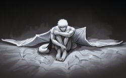  1boy absurdres asure_(asure_twi) bleach closed_mouth convenient_leg demon_wings grabbing_own_ankles greyscale highres hollow_ichigo looking_at_viewer male_focus monochrome nude oversized_wings short_hair sitting solo tail toe_claws toned toned_male wings yellow_eyes 