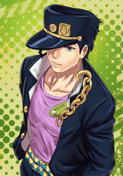  1boy bad_id bad_pixiv_id belt black_hair blue_eyes chain gakuran hand_(symbol) hat hat_over_one_eye iochi_(kotan) jitome jojo_no_kimyou_na_bouken kuujou_joutarou long_coat male_focus milk1110 multiple_belts peaked_cap school_uniform solo stardust_crusaders 