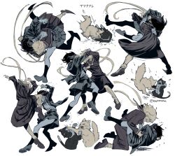  2girls black_hair blonde_hair cat catfight clothes_grab commentary_request dress_grab fighting hair_over_eyes harai_goshi highres jacket judo judo_throw konno_junko koyomania limited_palette long_hair long_sleeves low_twintails mizuno_ai multiple_girls multiple_views muted_color open_clothes open_jacket partial_commentary sailor_collar school_uniform shoes short_hair simple_background skirt socks twintails twitter_username very_long_hair white_background zombie_land_saga 