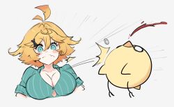  1girl absurdres ahoge aqua_shirt bird blonde_hair blood blood_from_mouth blush breasts bursting_breasts collared_shirt dokibird_(vtuber) dragoon_(dokibird) fang feather_hair flying_button green_eyes hair_ornament highres indie_virtual_youtuber large_breasts mat_(matdesenheiro) pinstripe_pattern pinstripe_shirt popped_button shirt short_hair skin_fang smile solo surprised virtual_youtuber white_background yellow_bird 