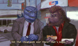  2boys ape beard business_suit can car city crossover drink_can english_text facial_hair food formal_clothes godzilla godzilla_(series) godzilla_x_kong:_the_new_empire gorilla hawaiian_shirt highres hot_dog hot_dog_bun jacket jewelry king_kong king_kong_(series) legendary_pictures lethal_weapon monsterverse motor_vehicle mullet multiple_boys necktie open_clothes open_jacket outdoors parody pepsi red_shirt ring road sharp_teeth shirt sideburns slit_pupils soda_can spacedragon14 spikes suit teeth theater toho traffic_light white_shirt 