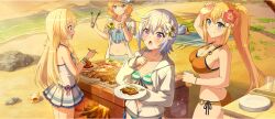  4girls :o ahoge aqua_eyes arm_up bag beach bikini blonde_hair blue_bag blue_eyes blush bottle braid breasts chris_(konosuba) cleavage cloud cooking crown_braid cup darkness_(konosuba) drinking_glass earrings eating evening facial_scar fireplace flower food fork frilled_wrist_cuffs frills game_cg green_bikini grill grilling hair_flower hair_ornament hand_on_own_chest hand_up handbag hibiscus highres holding holding_cup holding_fork holding_plate holding_tongs hood hooded_jacket horizon iris_(konosuba) jacket jewelry kono_subarashii_sekai_ni_shukufuku_wo! konosuba!_fantastic_days long_braid long_hair meat medium_breasts multiple_girls navel o-ring_bikini_bottom ocean official_art one-piece_swimsuit open_mouth orange_bikini orange_sky outdoors partially_unzipped plate plate_stack purple_eyes purple_hair rain_(konosuba) red_flower scar scar_on_cheek scar_on_face seashell shell short_hair side-tie_bikini_bottom sideboob single_braid skirt sky small_breasts striped_bikini striped_clothes sunflower sunlight swimsuit table third-party_source tongs towel very_long_hair white_flower white_jacket white_one-piece_swimsuit white_skirt wooden_table wrist_cuffs 