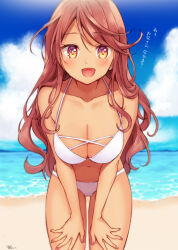  1girl beach bikini bikini_day breasts brown_eyes cleavage cloud cloudy_sky collarbone day halterneck hazuki_natsu highres leaning_forward looking_at_viewer nail_polish navel ocean original outdoors pink_hair signature sky smile solo standing swimsuit tan white_bikini 