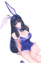  1girl animal_ears belt blue_belt blue_ribbon breasts cemi dress gun hair_ribbon handgun highres inoue_takina leotard long_hair looking_at_viewer lycoris_recoil m1911 neck_ribbon playboy_bunny purple_eyes rabbit_ears rabbit_girl ribbon two-tone_dress weapon yuri 