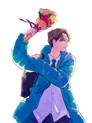  1boy backpack bag blue_bag blue_coat blue_necktie blue_pants bouquet brown_hair coat collared_shirt cowboy_shot flower flower_wrapper gomafuki hand_on_own_shoulder hand_up highres holding holding_bouquet light_particles light_smile looking_to_the_side male_focus necktie original pants pink_ribbon red_flower red_rose ribbon rose shirt short_hair simple_background solo white_background white_shirt 