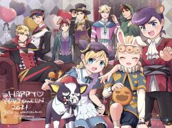  1girl 6+boys alice&#039;s_adventures_in_wonderland alice_(alice_in_wonderland) alice_(alice_in_wonderland)_(cosplay) animal_ear_hairband animal_ears ascot balloon battle_tendency black_cape black_hair black_hairband black_hat black_pants black_pantyhose blonde_hair blue_capelet blue_dress blue_eyes bow braid brown_hair caesar_anthonio_zeppeli candy cape capelet caterpillar_(alice_in_wonderland) caterpillar_(alice_in_wonderland)_(cosplay) cheshire_cat_(alice_in_wonderland) cheshire_cat_(alice_in_wonderland)_(cosplay) choker claw_pose closed_mouth cosplay crossed_legs crown diamond_wa_kudakenai dio_brando dog double_bun dress facial_mark fake_animal_ears food giorno_giovanna hair_bun hairband happy_halloween hat heart heart_balloon heart_facial_mark higashikata_josuke holding holding_candy holding_food holding_lollipop hood hood_up iggy_(jojo) indoors jacket jojo_no_kimyou_na_bouken jonathan_joestar joseph_joestar joseph_joestar_(young) kakyoin_noriaki king_of_hearts_(alice_in_wonderland) king_of_hearts_(alice_in_wonderland)_(cosplay) kuujou_jolyne kuujou_joutarou lollipop long_hair mad_hatter_(alice_in_wonderland) mad_hatter_(alice_in_wonderland)_(cosplay) march_hare_(alice_in_wonderland) march_hare_(alice_in_wonderland)_(cosplay) morino_peko multiple_boys necktie open_mouth pants pantyhose phantom_blood pompadour pumpkin purple_hair purple_vest queen_of_hearts_(alice_in_wonderland) queen_of_hearts_(alice_in_wonderland)_(cosplay) rabbit_ears red_hat red_jacket sitting stardust_crusaders stone_ocean top_hat tweedledee_(alice_in_wonderland) tweedledee_(alice_in_wonderland)_(cosplay) vento_aureo vest whisker_markings white_ascot white_rabbit_(alice_in_wonderland) white_rabbit_(alice_in_wonderland)_(cosplay) yellow_bow 