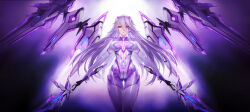 1girl absurdres bodysuit breasts cameltoe covered_erect_nipples covered_navel cowboy_shot dual_wielding gluteal_fold hair_between_eyes hair_ornament hairclip highres holding holding_sword holding_weapon impossible_bodysuit impossible_clothes large_breasts long_bangs long_hair looking_at_viewer mecha_musume mechanical_wings multicolored_hair open_mouth original outstretched_arms purple_hair red_eyes shiny_clothes skin_tight solo straight-on sword thigh_gap two-tone_hair very_long_hair weapon white_hair wings zhuore_zhi_hen 