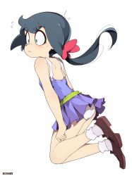  1girl absurdres ass bad_id bad_pixiv_id bare_shoulders blue_dress blue_eyes blue_hair blush brown_footwear closed_mouth constanze_amalie_von_braunschbank-albrechtsberger dress female_focus full_body hair_ornament hair_ribbon highres kneeling little_witch_academia looking_to_the_side once_11h panties pantyshot ponytail ribbon shiny_clothes shoulder_blades simple_background solo surprised underwear white_background white_panties  rating:Questionable score:63 user:danbooru