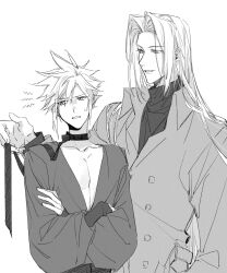  2boys alternate_costume angry cloud_strife crossed_arms final_fantasy final_fantasy_vii greyscale highres holding jacket long_hair long_sleeves looking_at_another male_focus monochrome multiple_boys sephiroth short_hair smile spiked_hair turtleneck xiluo0207 yaoi 