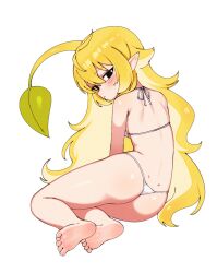  ass barefoot batrobin_k bikini blush feet highres humanization nintendo pikmin_(series) pointy_ears swimsuit thong_bikini toes yellow_pikmin 