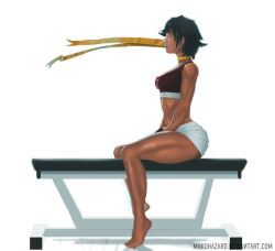  1girl bench black_hair breasts choker closed_eyes dark-skinned_female dark_skin derivative_work female_focus joel_white makoto_(street_fighter) medium_breasts midriff muscular profile ribbon_choker scarf short_hair shorts sitting solo sports_bra street_fighter thick_thighs thighs toned toned_female watermark web_address  rating:Sensitive score:31 user:danbooru