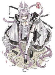  1girl absurdly_long_hair animal_ears apron bell black_dress black_garter_straps black_shoes bow bowtie breasts cat_ears cat_girl cat_tail clothes_lift dress dress_lift frilled_dress frills full_body garter_straps gloves gun hair_intakes highres lifting_own_clothes long_dress long_hair long_sleeves looking_at_viewer maid maid_apron maid_headdress neck_bell original purple_hair sasami_(ki) shoes simple_background small_breasts smile solo standing sword sword_on_back tail tail_bow tail_ornament thighhighs very_long_hair weapon weapon_on_back weapon_request white_background white_bow white_bowtie white_gloves white_sleeve_cuffs white_thighhighs yellow_eyes 