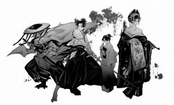  1boy barefoot black_hair crossdressing fighting_stance geisha greyscale hakama highres holding holding_smoking_pipe holding_sword holding_weapon japanese_clothes kagurabachi kimono kiseru male_focus monochrome multiple_persona obi obiage obijime off_shoulder platform_sandals sandals sash simple_background smoking_pipe sword tabi twitter_username uruha_youji weapon whalebone_1022 white_background 