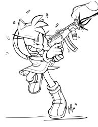  amy_rose dress furry gloves gun lineart qqlettuce shell_casing sonic_(series) submachine_gun tagme tail weapon  rating:Sensitive score:1 user:MunkDonalds