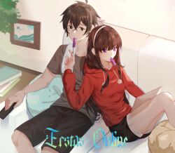  1boy 1girl black_eyes black_hair couch doumeguri_kakeru duplicate ecstas_online food living_room long_hair popsicle purple_eyes shizukuishi_non source_mismatch sweater 