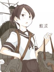  1girl bag black_ribbon blush brown_hair brown_sailor_collar brown_skirt character_name commentary dated hair_ribbon holding kantai_collection kawashina_(momen_silicon) looking_at_viewer open_mouth pleated_skirt ponytail ribbon rigging sailor_collar school_uniform serafuku shikinami_(kancolle) short_sleeves signature simple_background skirt solo white_background 
