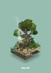 absurdres aqua_background bird bone boulder campfire commentary_request cooking diorama fish gozz highres isometric original sitting skull sos stairs steam tree treehouse rating:General score:1 user:danbooru